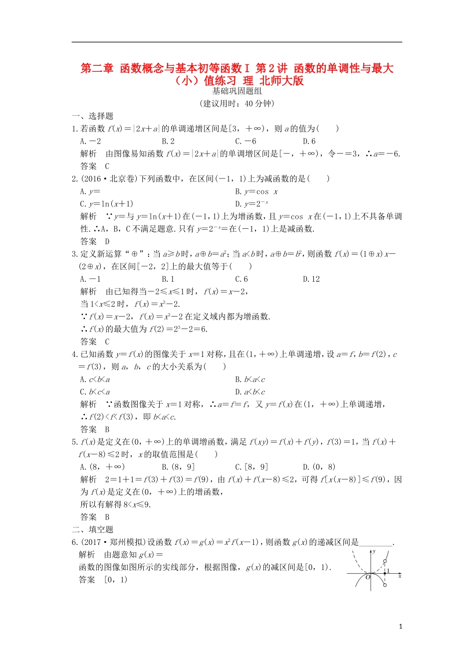 创新设计（全国通用）高考数学一轮复习 第二章 函数概念与基本初等函数I 第2讲 函数的单调性与最大（小）值练习 理 北师大版-北师大版高三全册数学试题_第1页