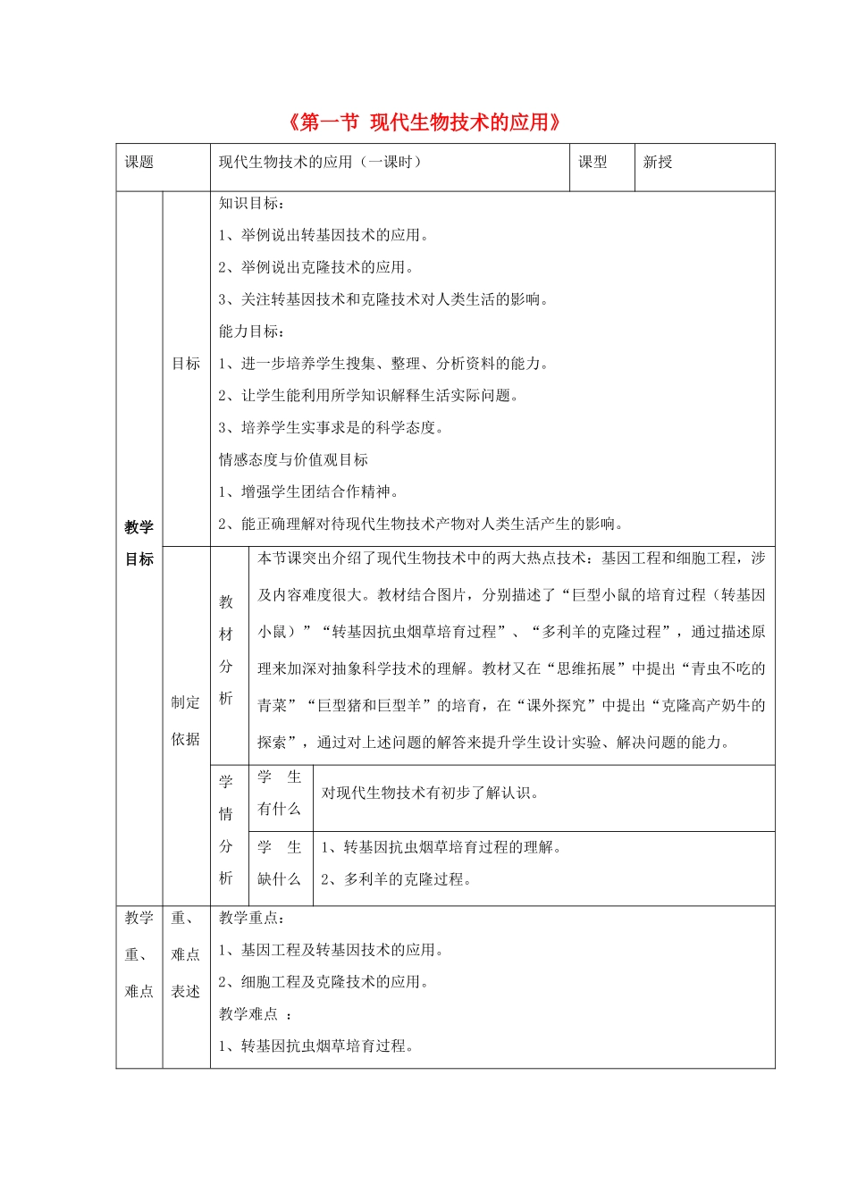 八年级生物下册 第二十四章 第一节 现代生物技术的应用教案2 （新版）苏教版_第1页