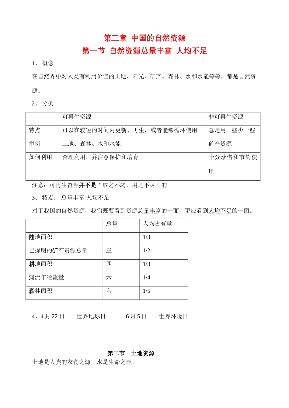 八年级地理上册 第三章中国的自然资源教案 人教新课标版_第1页