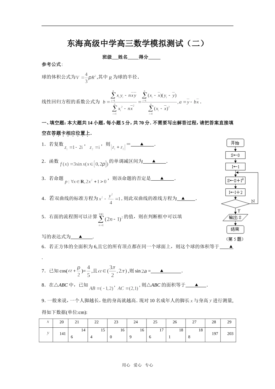 东海高级中学高三数学模拟测试（二）_第1页