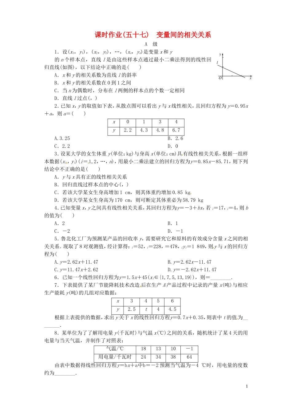 【金版新学案】高考数学总复习 课时作业57 变量间的相关关系试题 文 新人教A版_第1页