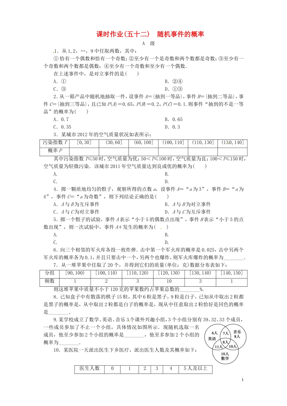 【金版新学案】高考数学总复习 课时作业52 随机事件的概率试题 文 新人教A版_第1页