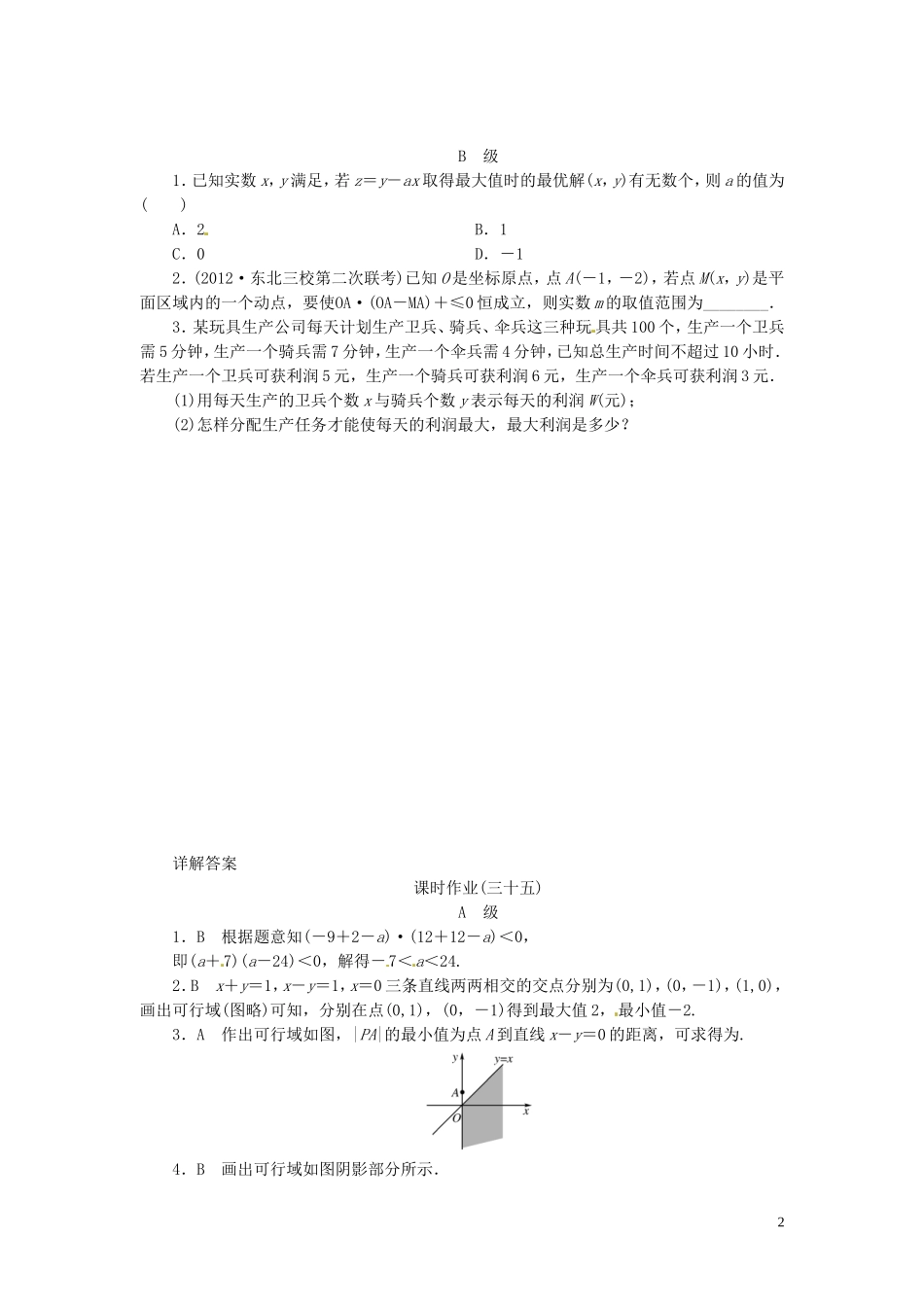 【金版新学案】高考数学总复习 课时作业35 二元一次不等式(组)及简单的线性规划问题试题 文 新人教A版_第2页