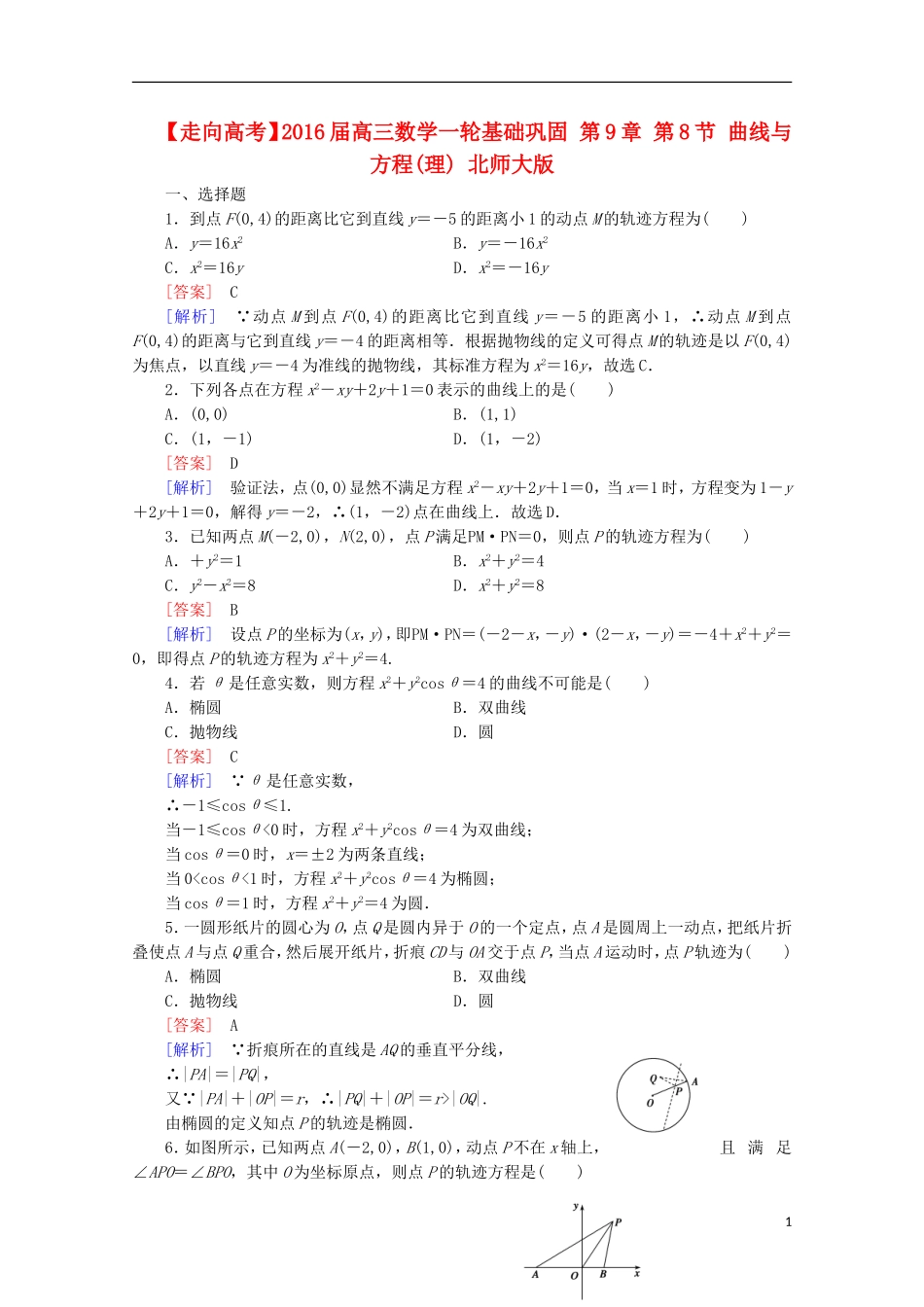 【走向高考】2016届高三数学一轮基础巩固 第9章 第8节 曲线与方程 理（含解析）北师大版_第1页