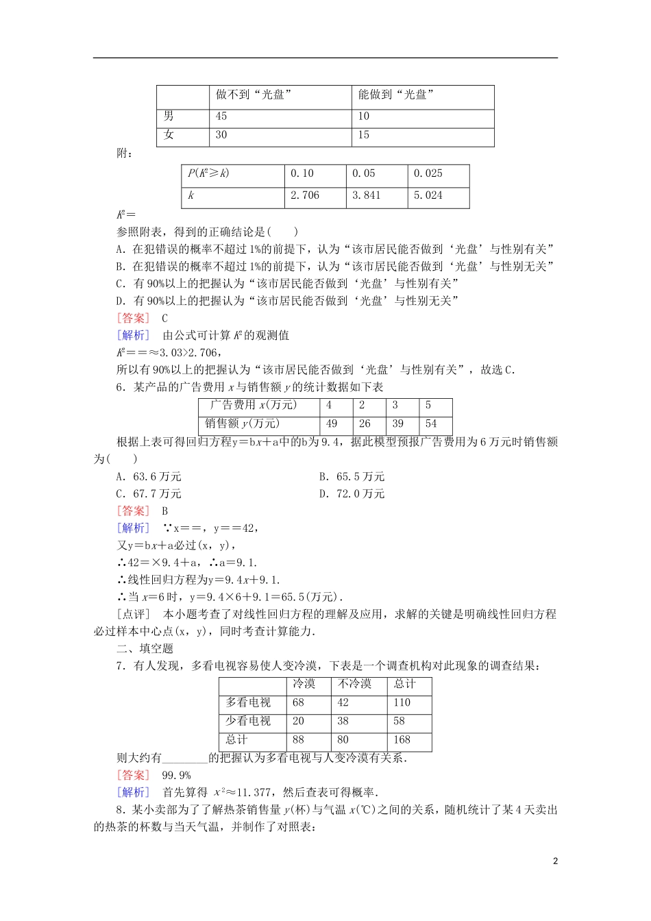 【走向高考】2016届高三数学一轮基础巩固 第10章 第3节 变量间的相关关系与统计案例（含解析）北师大版_第2页