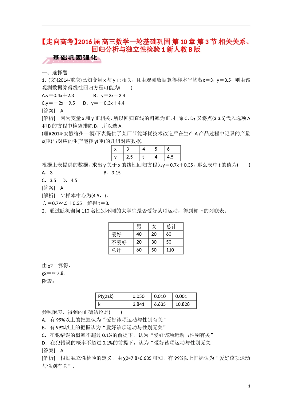 【走向高考】2016届高三数学一轮基础巩固 第10章 第3节 相关关系、回归分析与独立性检验1（含解析）新人教B版_第1页