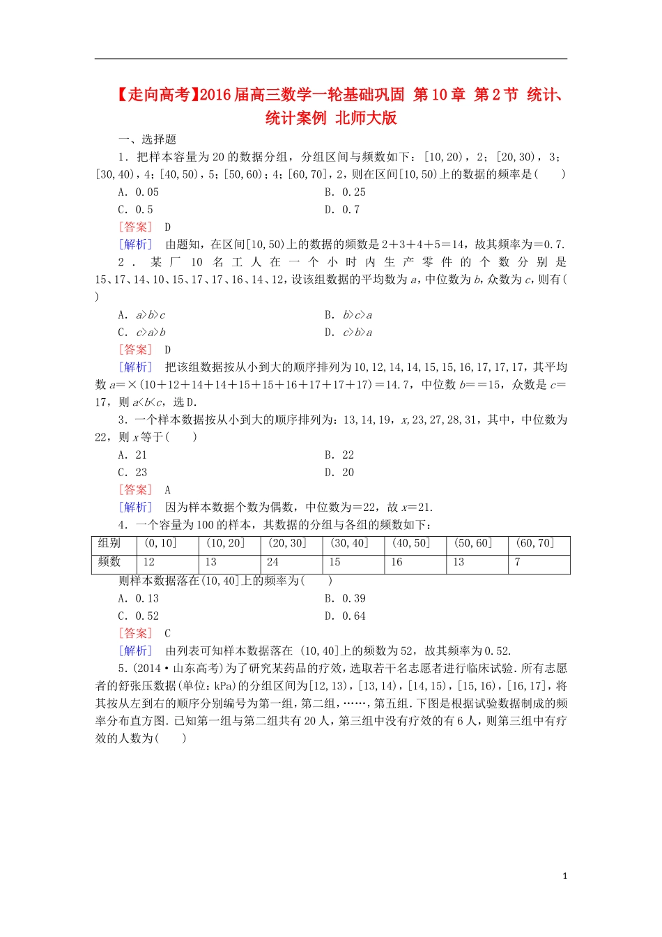 【走向高考】2016届高三数学一轮基础巩固 第10章 第2节 统计、统计案例（含解析）北师大版_第1页