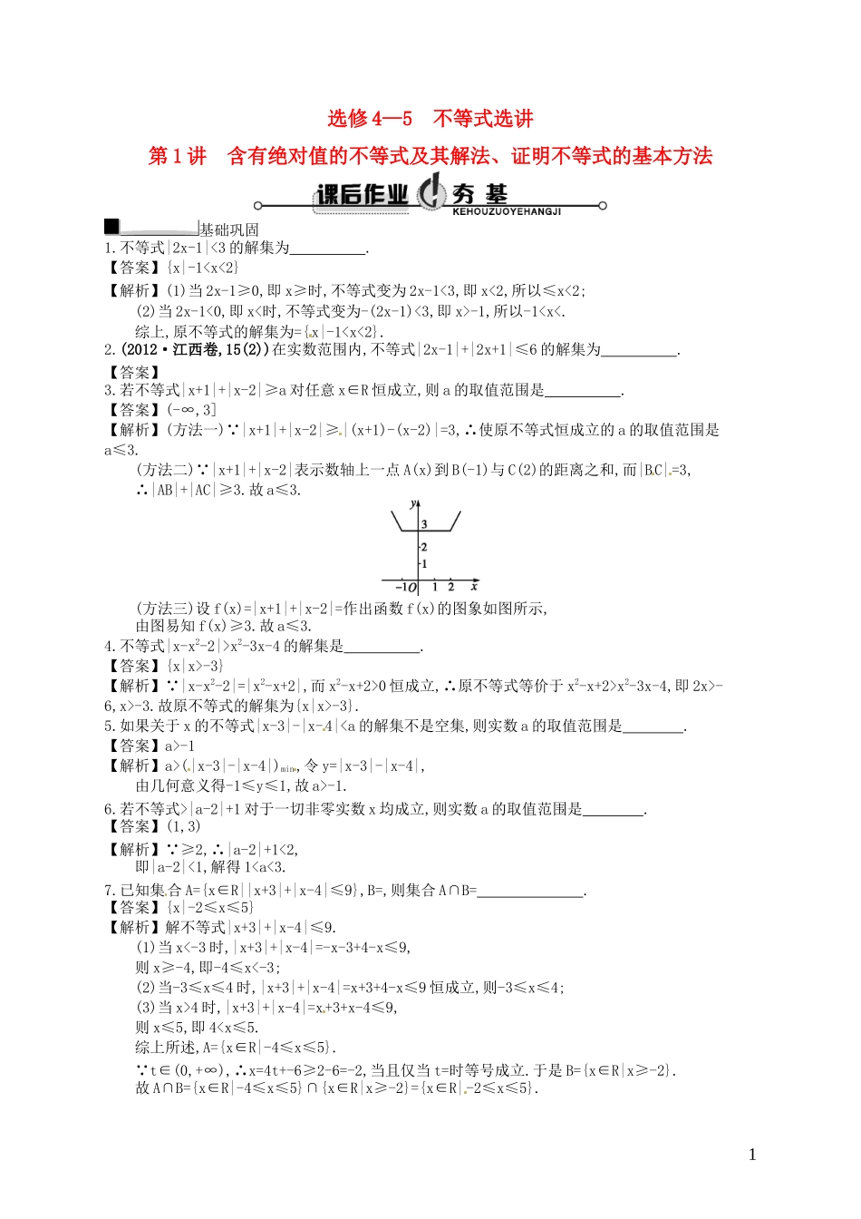 【赢在课堂】高考数学一轮复习 不等式选讲配套训练 理 新人教A版选修4-5_第1页