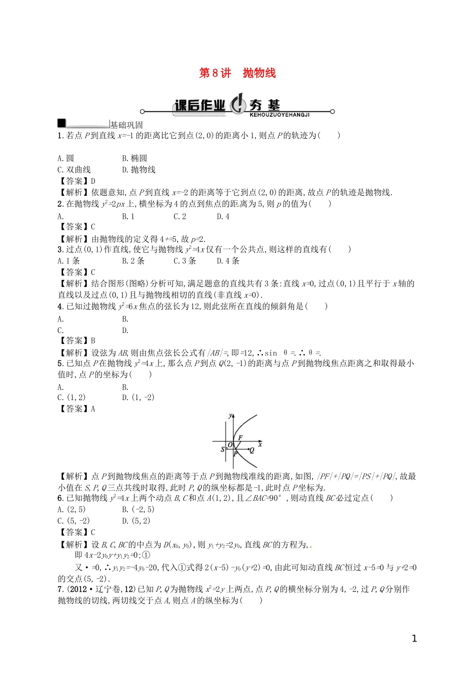 【赢在课堂】高考数学一轮复习 9.8抛物线配套训练 理 新人教A版_第1页