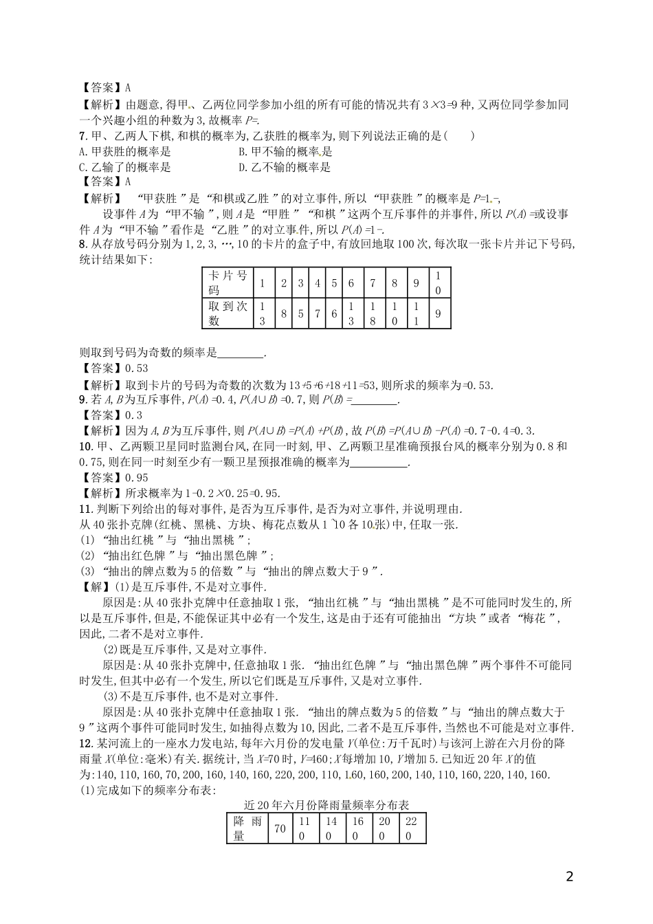 【赢在课堂】高考数学一轮复习 10.4随机事件的概率配套训练 理 新人教A版_第2页