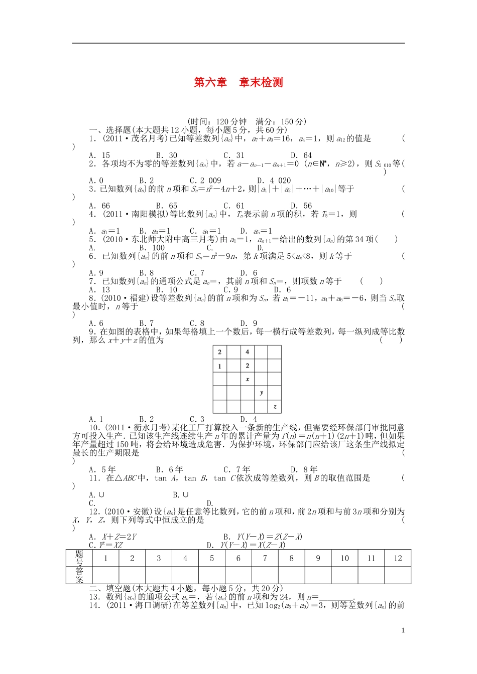 【步步高】届高三数学大一轮复习 第六章 章末检测学案 理 新人教A版 _第1页