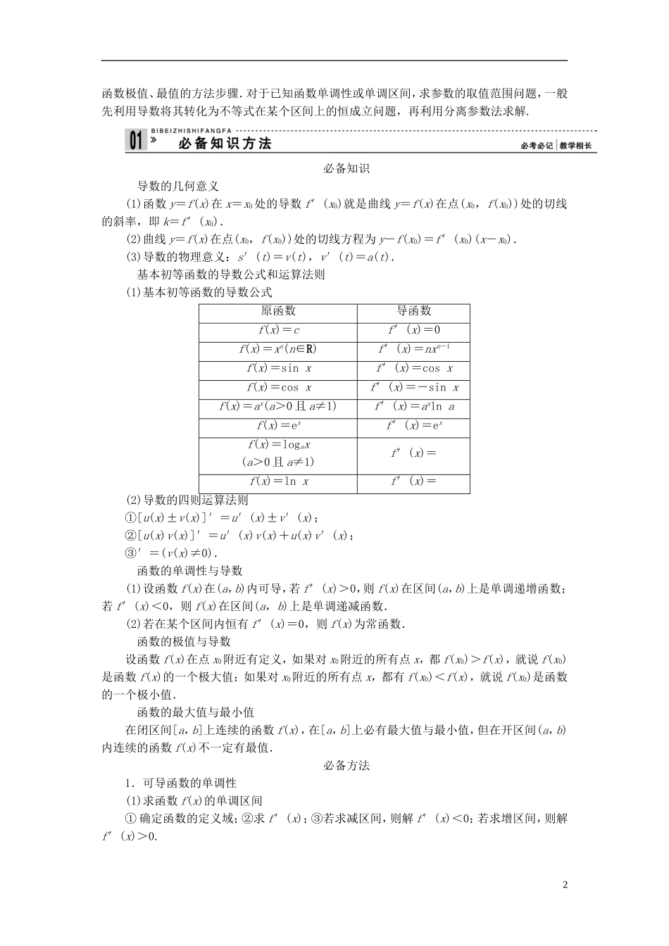 【拿高分，选好题第二波】（新课程）高中数学二轮复习精选《必考问题4 导数的几何意义、函数的单调性和极值》（命题方向把握+命题角度分析） 新人教版_第2页