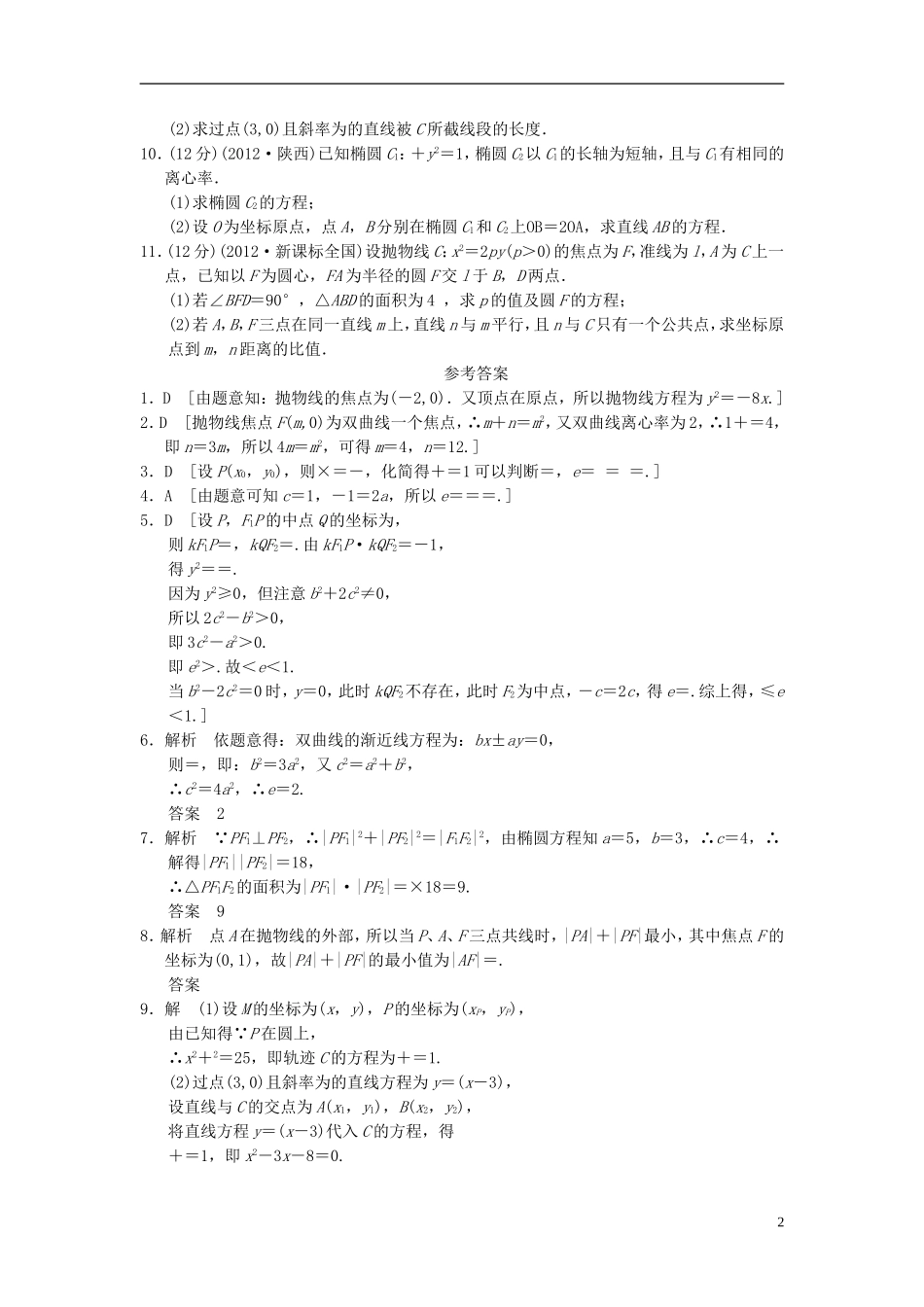 【拿高分，选好题第二波】（新课程）高中数学二轮复习精选《必考问题15 椭圆、双曲线、抛物线》训练15 新人教版_第2页
