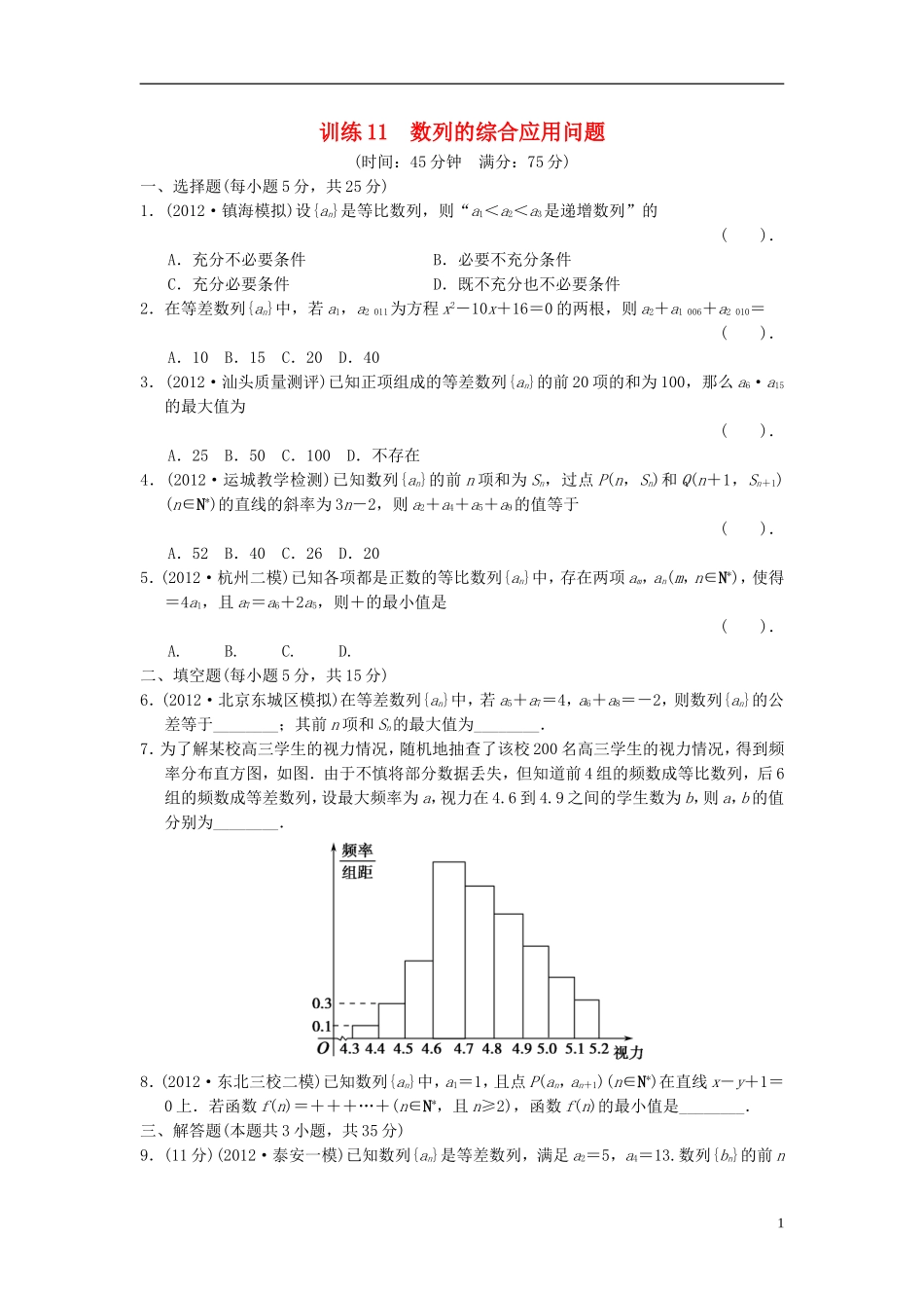【拿高分，选好题第二波】（新课程）高中数学二轮复习精选《必考问题11 数列的综合应用问题》训练11 新人教版_第1页