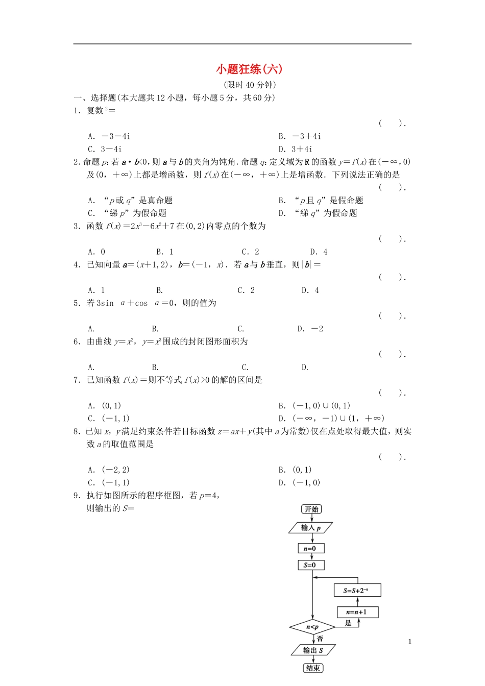 【拿高分，选好题第二波】（新课程）高中数学二轮复习 精选考前小题狂练6 理 新人教版_第1页