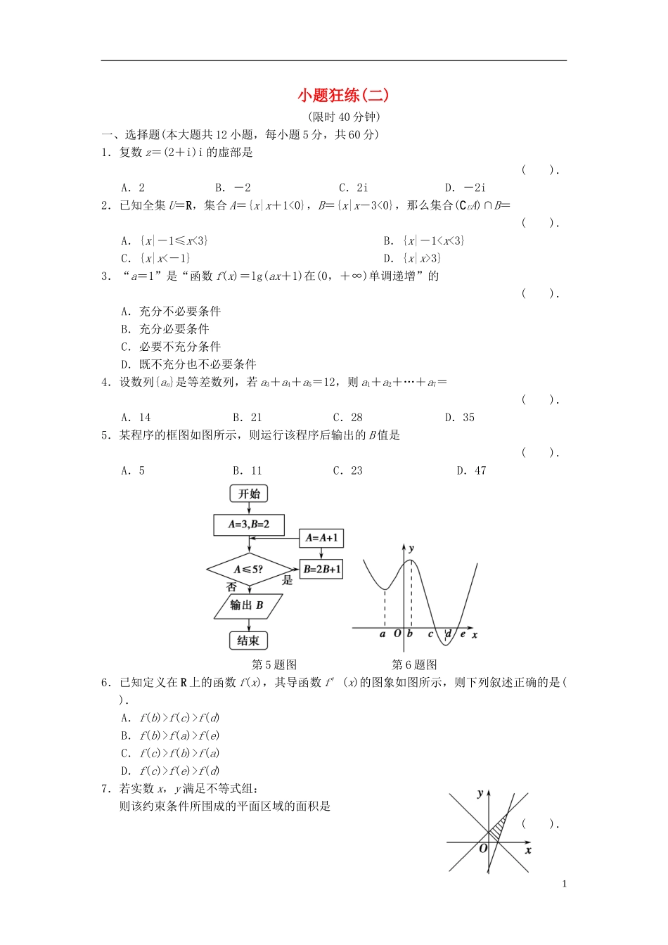 【拿高分，选好题第二波】（新课程）高中数学二轮复习 精选考前小题狂练2 理 新人教版_第1页