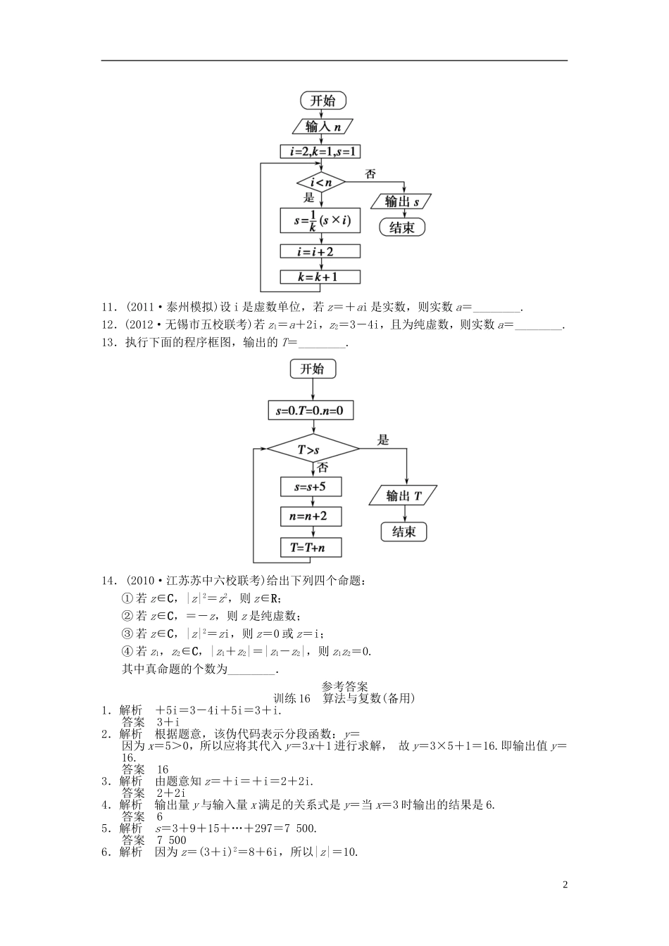 【拿高分，选好题第二波】（新课程）高中数学二轮复习 精选第一部分 25个必考问题 专项突破专题训练16算法与复数 苏教版_第2页