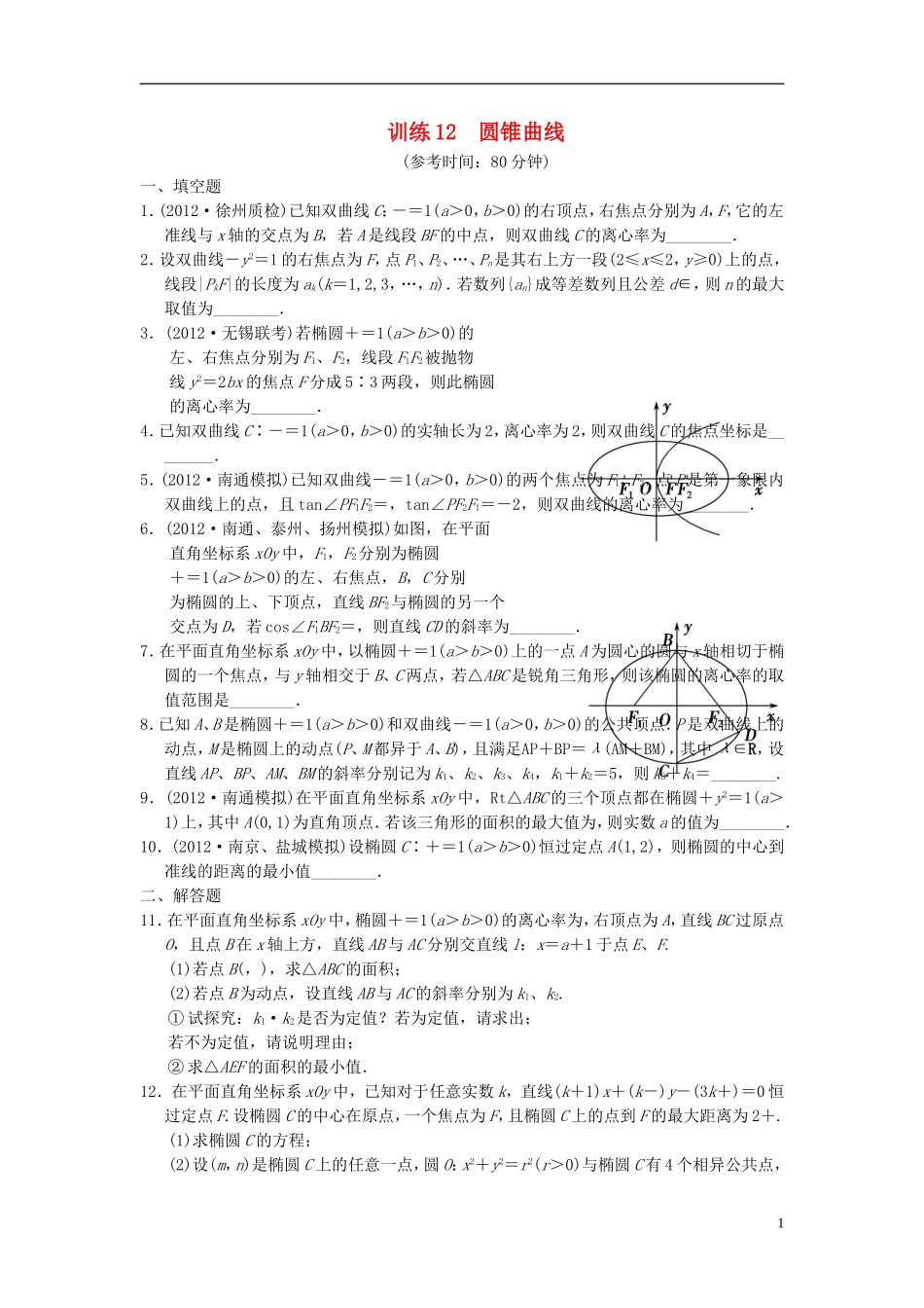 【拿高分，选好题第二波】（新课程）高中数学二轮复习 精选第一部分 25个必考问题 专项突破专题训练12圆锥曲线 苏教版_第1页