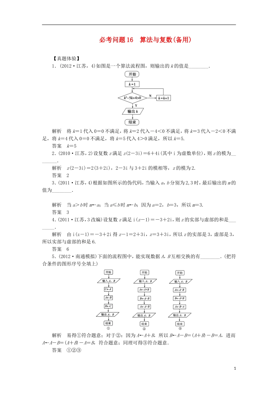 【拿高分，选好题第二波】（新课程）高中数学二轮复习 精选第一部分 25个必考问题 专项突破《必考问题16 算法与复数(备用)》（命题方向把握+命题角度分析，含解析） 苏教版_第1页