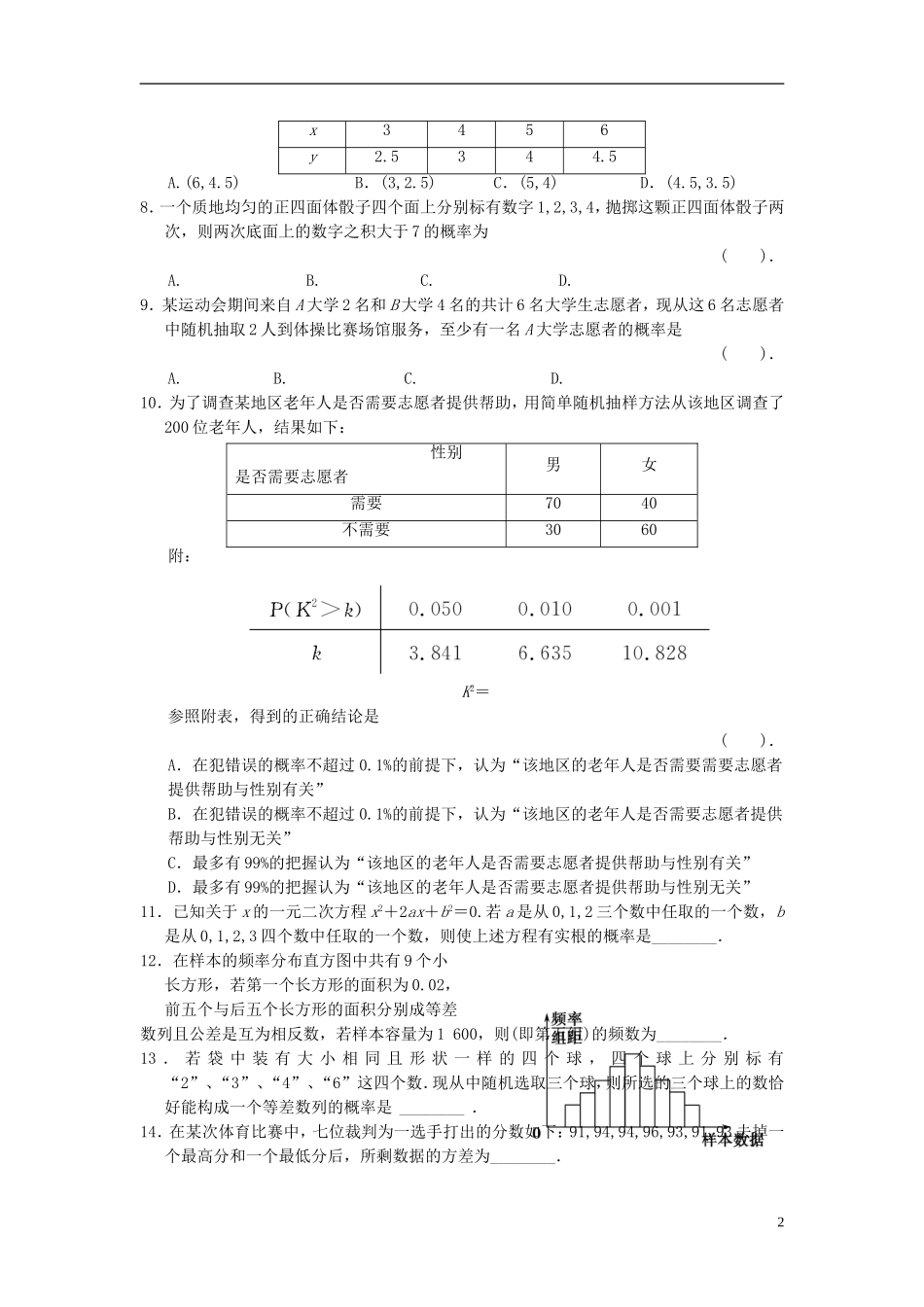 【拿高分，选好题第二波】（新课程）高中数学二轮复习 精选教材回扣保温特训7概率与统计 新人教版_第2页