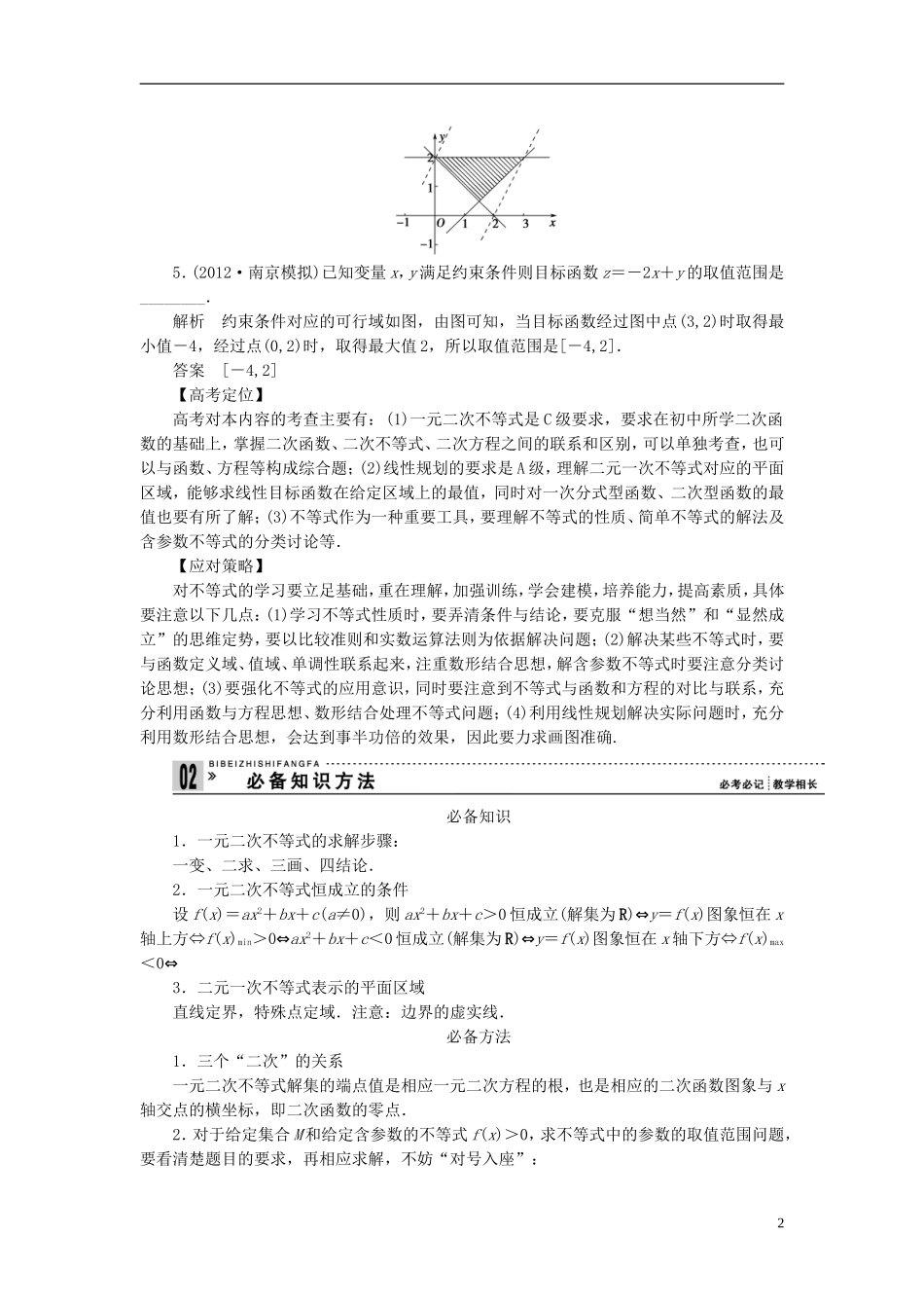 【拿高分 选好题】（新课程）高中数学二轮复习 第一部分 18个必考问题 专项突破《必考问题9 不等式及线性规划问题》热点命题 苏教版_第2页