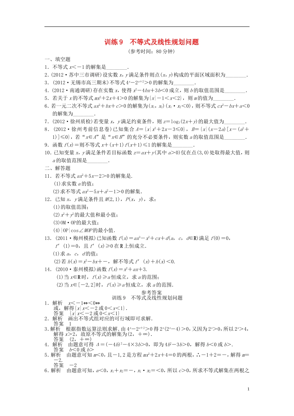 【拿高分 选好题】（新课程）高中数学二轮复习 第一部分 18个必考问题 专项突破《必考问题9 不等式及线性规》专题训练 苏教版_第1页