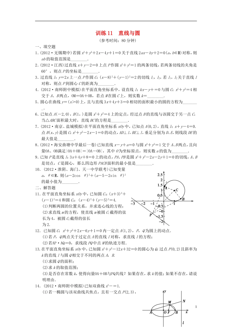 【拿高分 选好题】（新课程）高中数学二轮复习 第一部分 18个必考问题 专项突破《必考问题11 直线与圆 》专题训练 苏教版_第1页