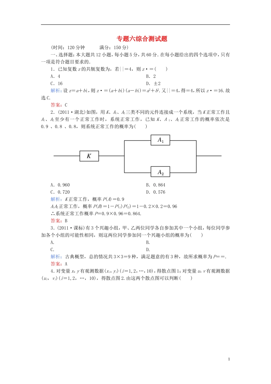 【名师一号】高三数学二轮复习 专题6综合测试题 理 人教版_第1页