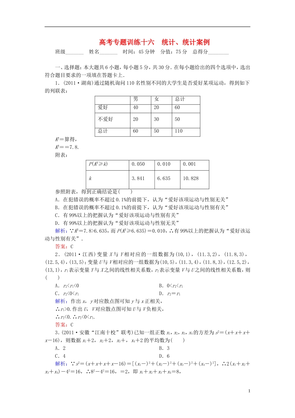 【名师一号】高三数学二轮复习 1-6-16统计、统计案例同步练习 理 人教版_第1页