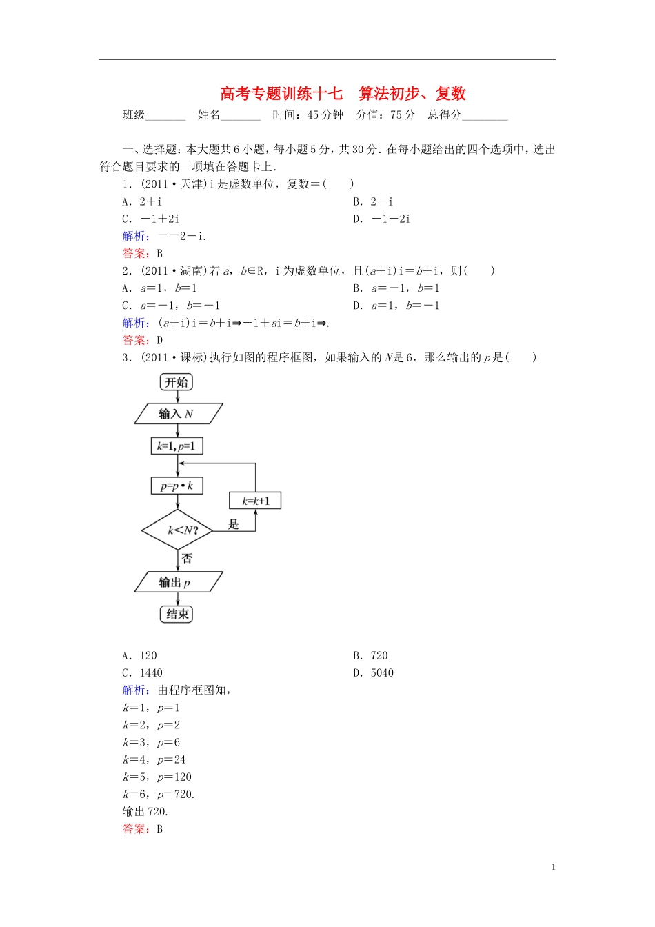 【名师一号】高三数学二轮复习 1-6-17算法初步、复数同步练习 理 人教版_第1页