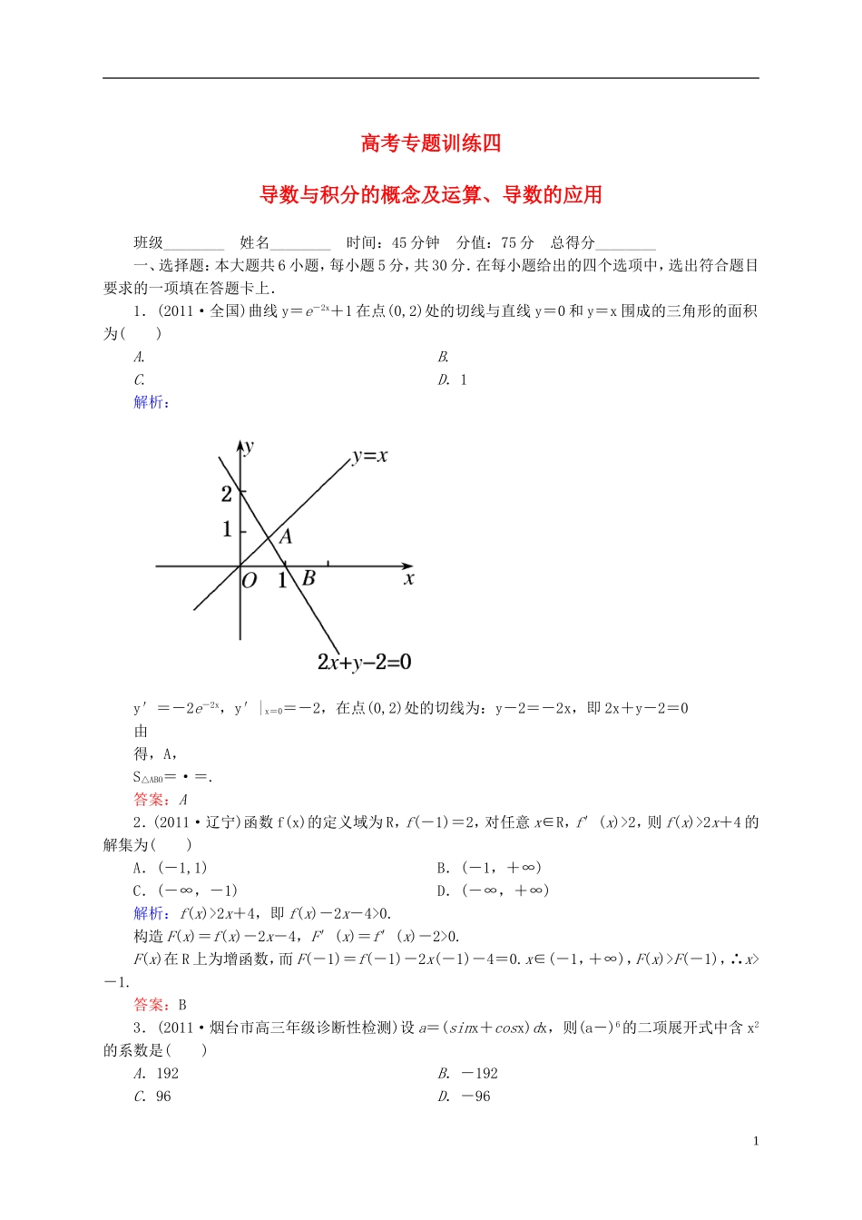 【名师一号】高三数学二轮复习 1-1-4导数与积分的概念及运算、导数的应用同步练习 理 人教版_第1页
