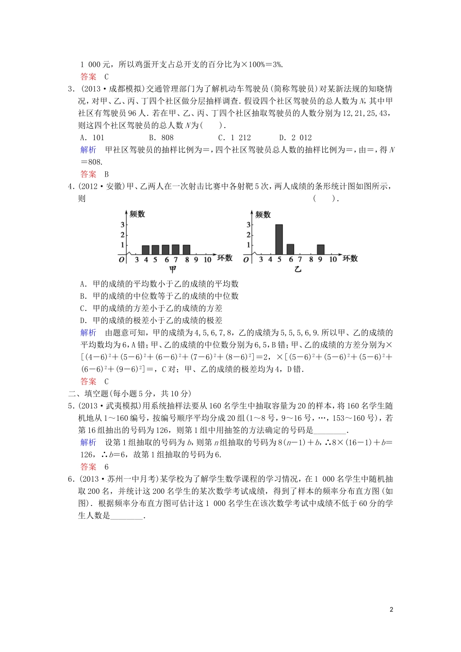 【创新设计】高考数学 第十一篇 第1讲　抽样方法与总体分布的估计限时训练 新人教A版_第2页