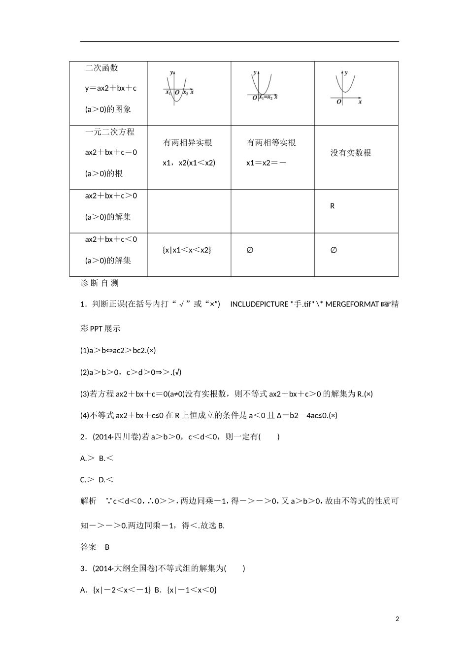 【创新设计】2016高考数学一轮复习 第七章 第1讲 不等式的性质与一元二次不等式知识点 新人教A版 _第2页