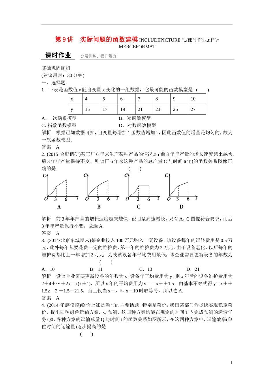 【创新设计】2016届高考数学一轮复习 2-9实际问题的函数建模课时作业 文 北师大版_第1页