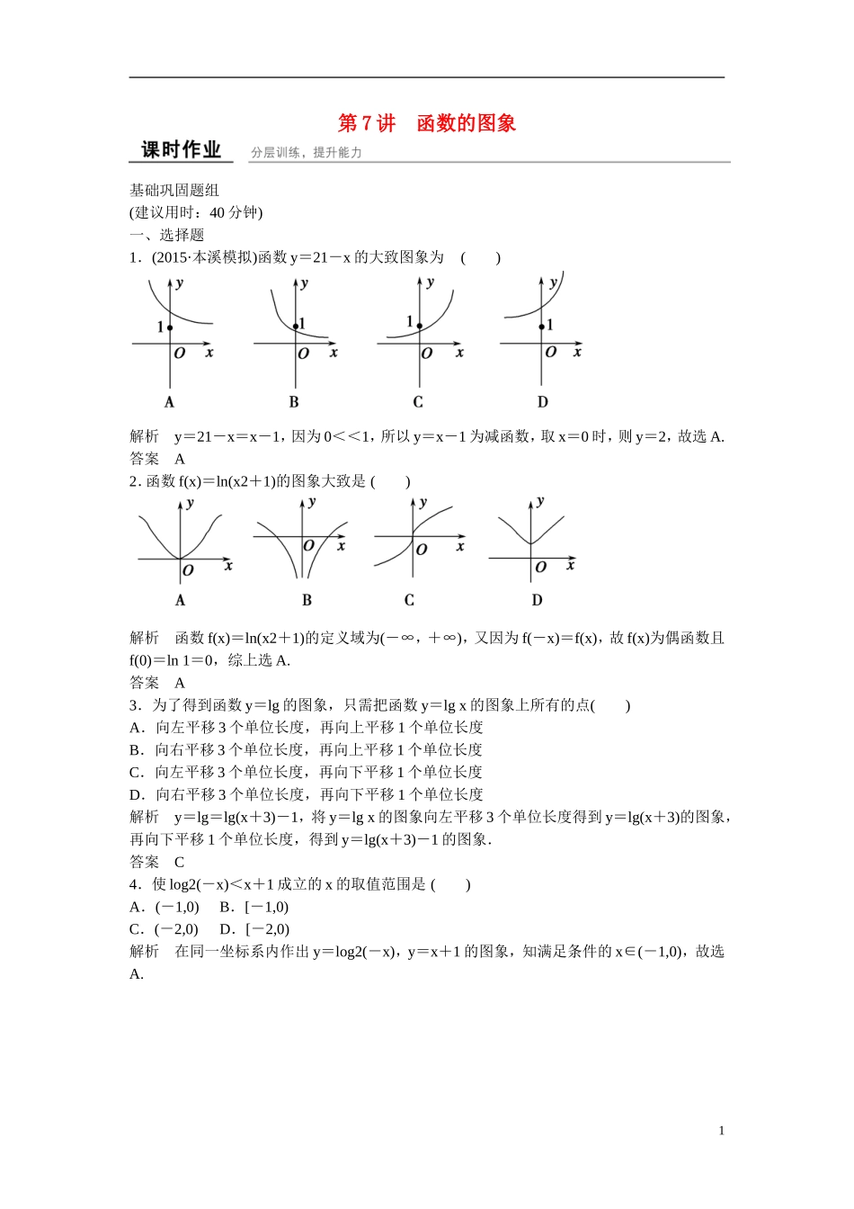 【创新设计】2016届高考数学一轮复习 2-7函数的图象课时作业 理 新人教B版_第1页
