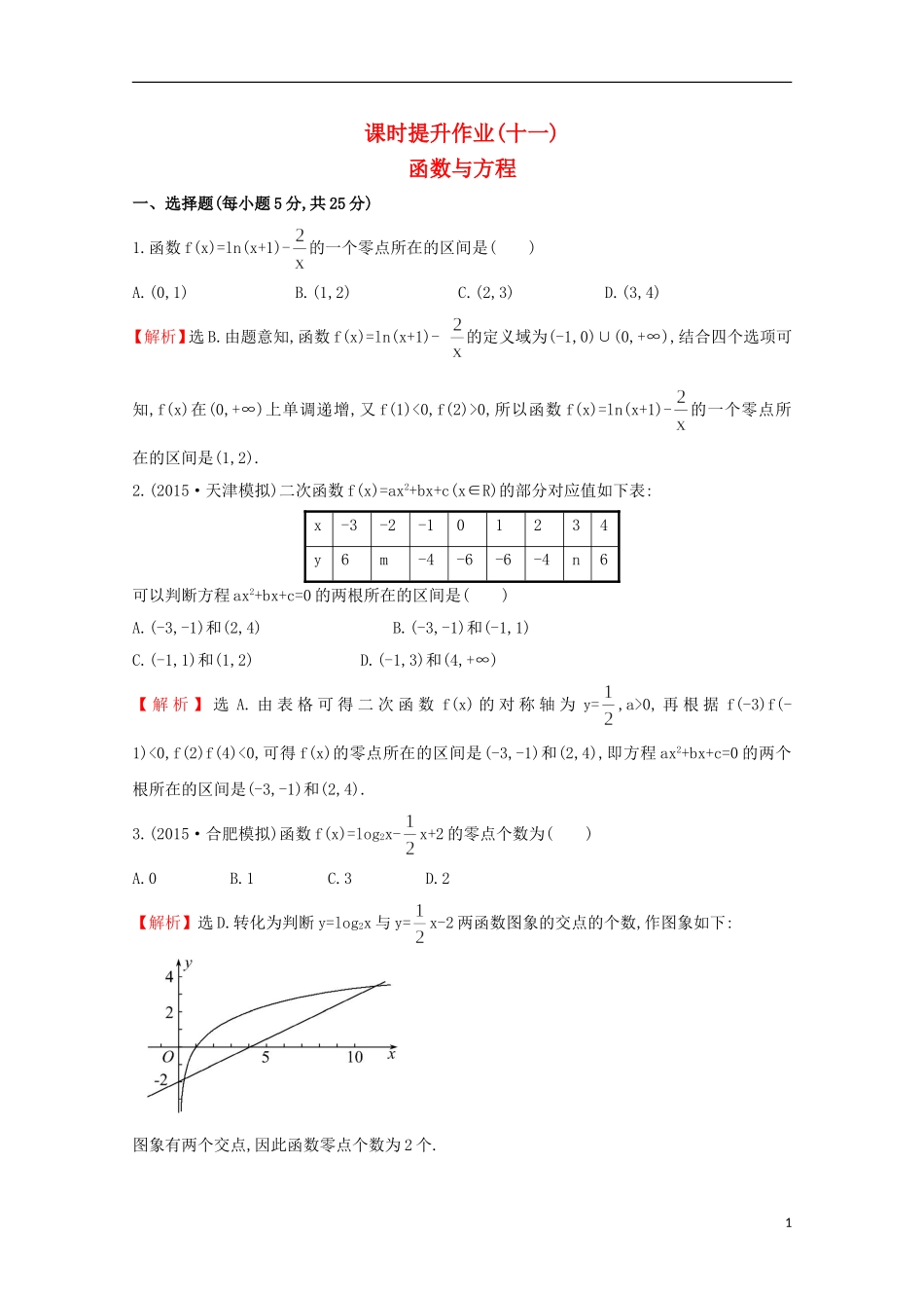 【世纪金榜】2016届高考数学总复习 课时提升作业(十一) 2.8函数与方程 文 新人教A版_第1页