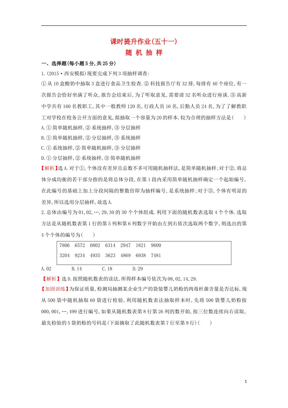 【世纪金榜】2016届高考数学总复习 课时提升作业(五十一) 9.2随机抽样 文 新人教A版_第1页
