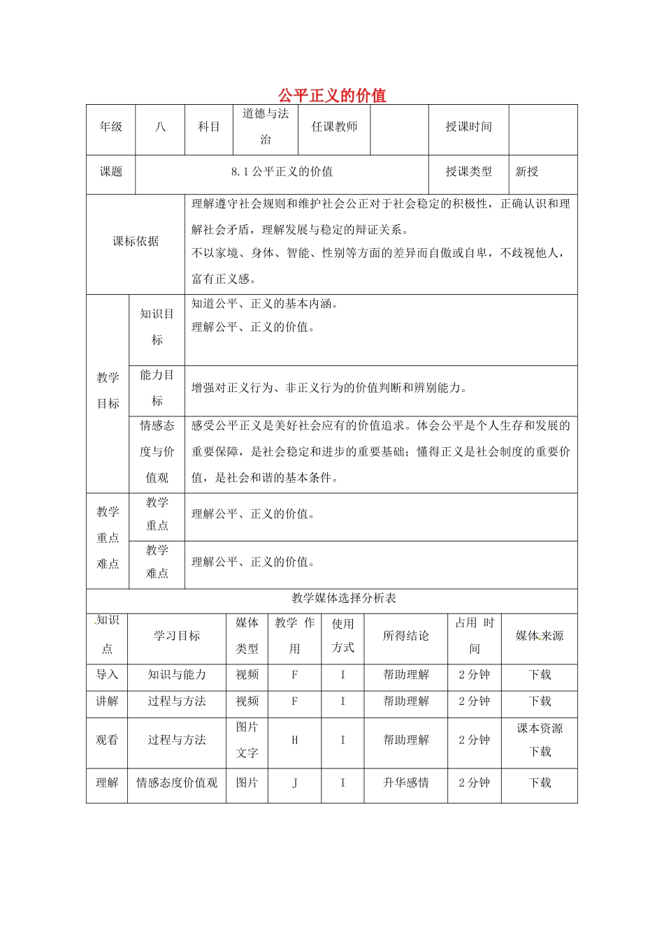 陕西省石泉县八年级道德与法治下册 第四单元 崇尚法治精神 第八课 维护公平正义 第1框 公平正义的价值教学设计 新人教版教材_第1页