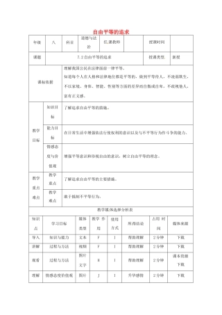 陕西省石泉县八年级道德与法治下册 第四单元 崇尚法治精神 第七课 尊重自由平等 第2框 自由平等的追求教学设计 新人教版教材-新人教版教材初中八年级下册政治教学设计