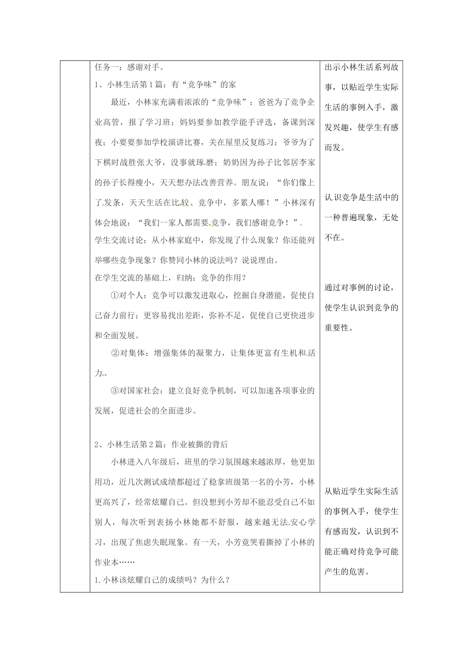 陕西省石泉县八年级道德与法治上册 第三单元 合奏好生活的乐章 第6课 竞争合作求双赢 第1框 竞争的智慧教学设计 鲁人版教材六三制-鲁人版教材初中八年级上册政治教学设计_第2页