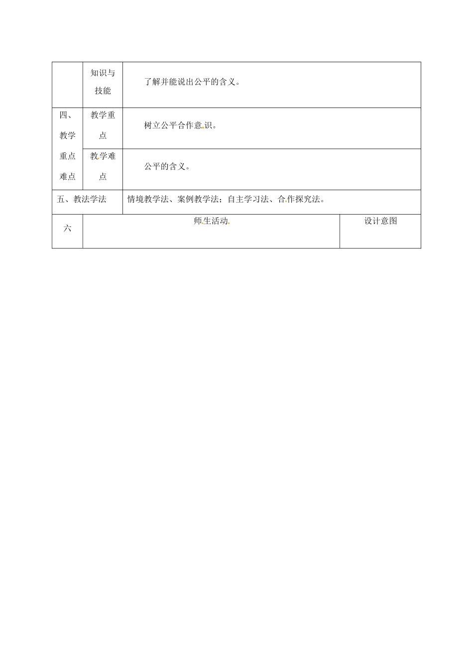 陕西省石泉县九年级政治全册 第一单元 在社会生活中承担责任 第1课 公平、正义—人们永恒的追求 良好的合作需要公平教学设计 鲁教版教材-鲁教版教材初中九年级全册政治教学设计(00001)_第2页