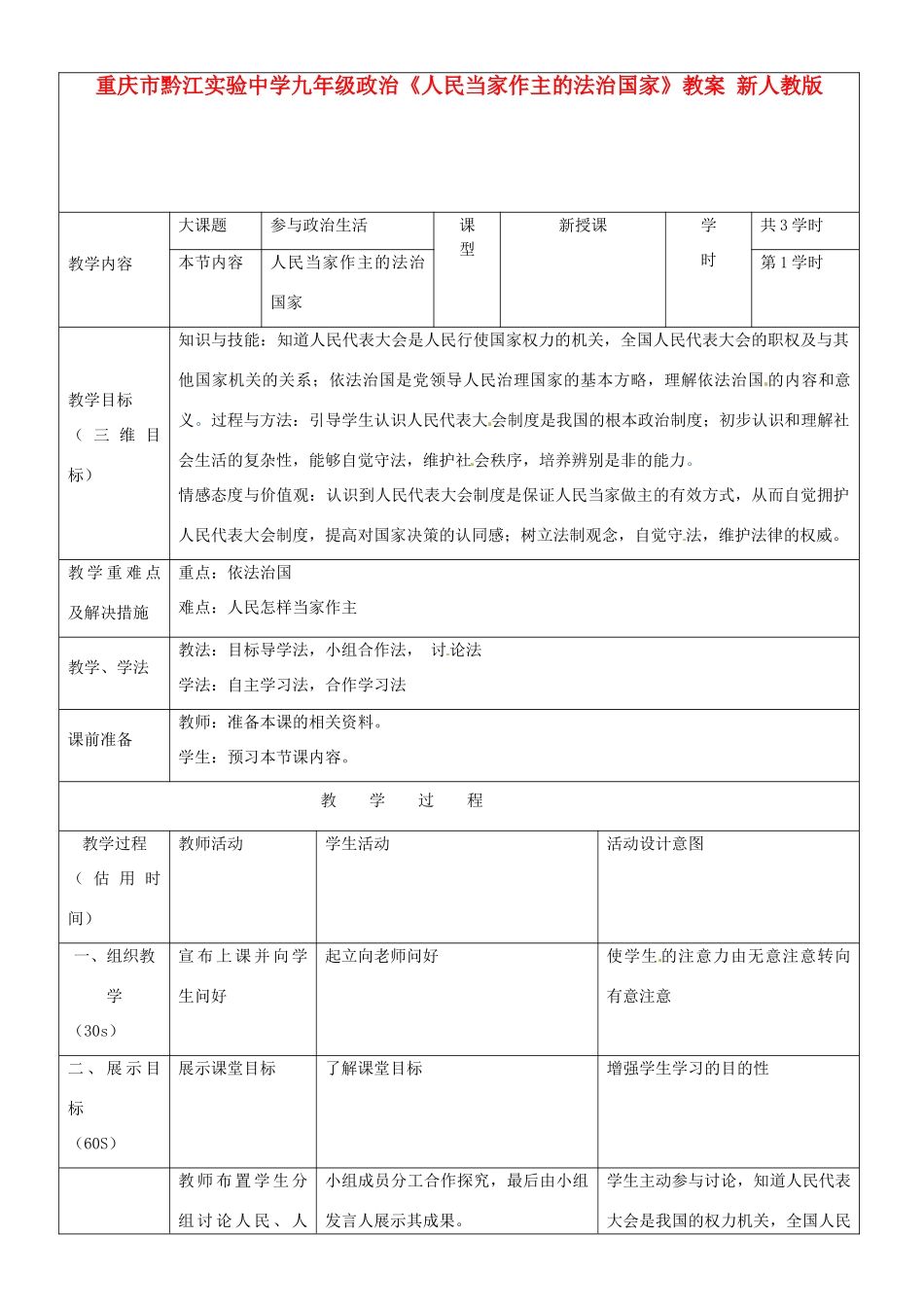 重庆市黔江实验中学九年级政治《人民当家作主的法治国家》教学设计2 新人教版教材_第1页