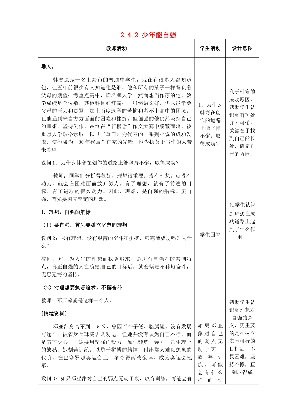 重庆市大坪中学七年级政治下册 2.4.2 少年能自强教学设计 新人教版教材_第1页