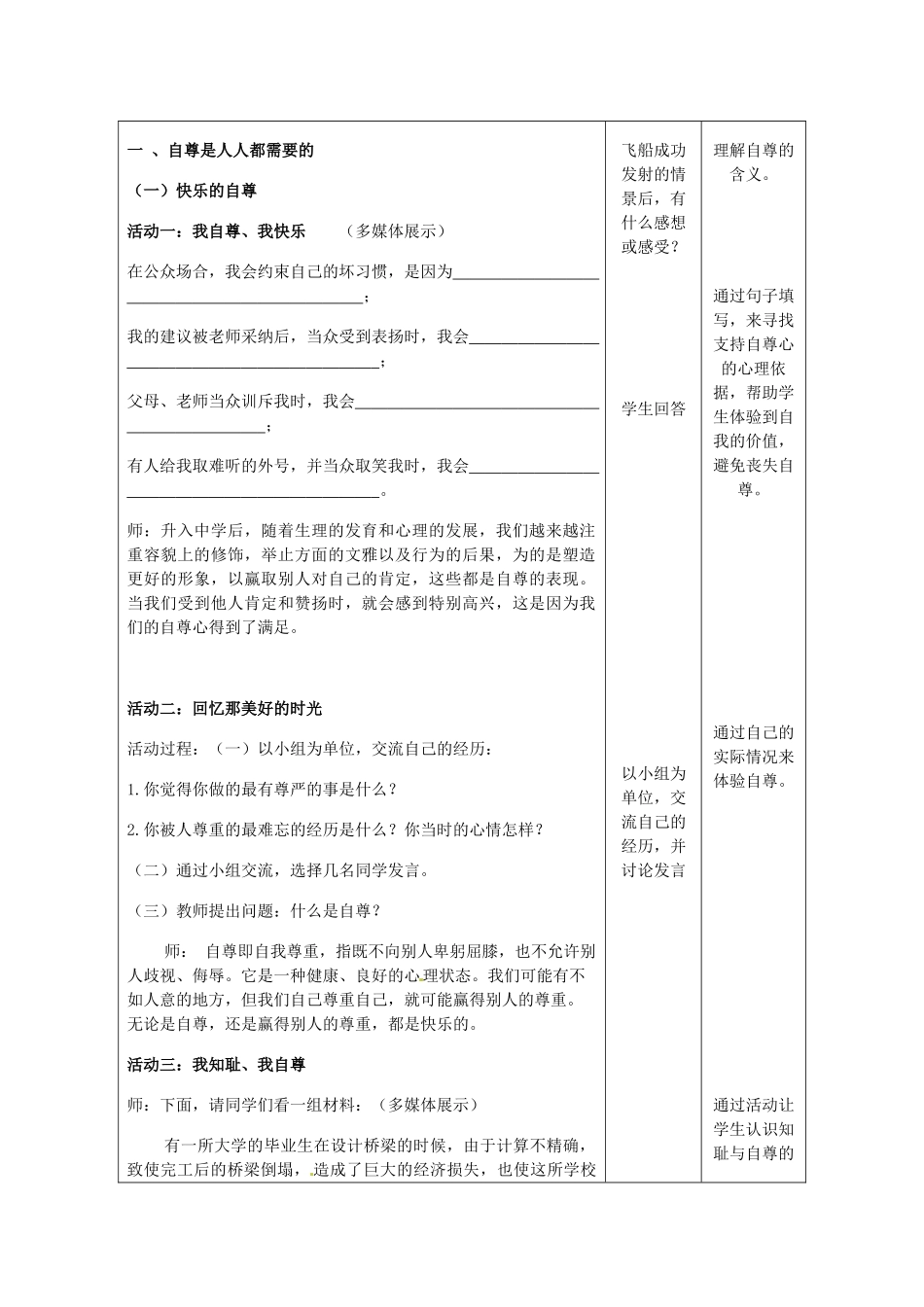 重庆市大坪中学七年级政治下册 1.1.1 自尊是人人都需要的教学设计 新人教版教材_第2页