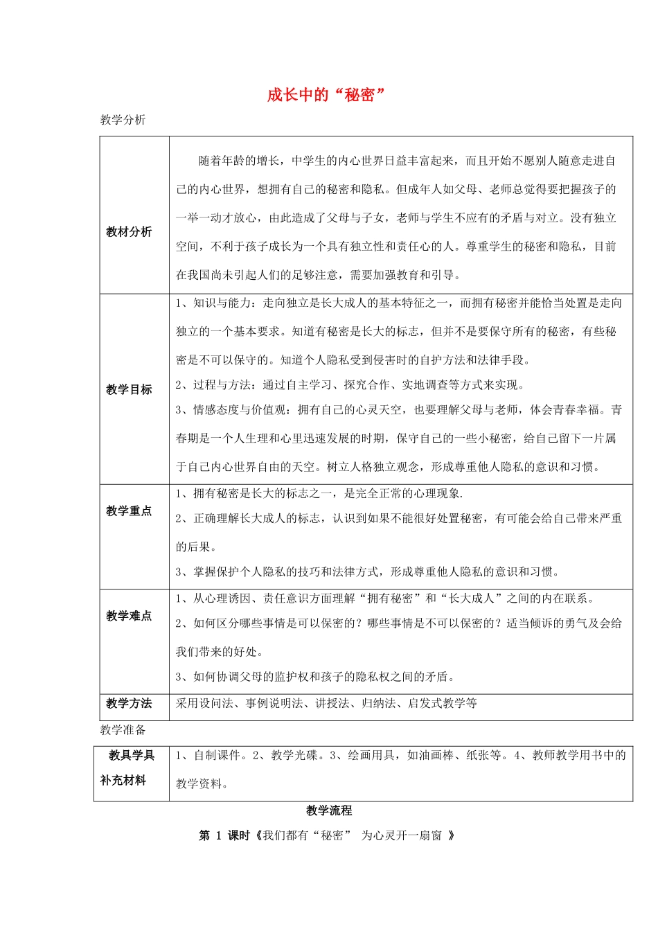 秋八年级道德与法治上册 第二单元 青春自画像 第五课 成长中的“秘密”（我们都有“秘密”为心灵开一扇窗）教学设计 人民版教材-人民版教材初中八年级上册政治教学设计_第1页