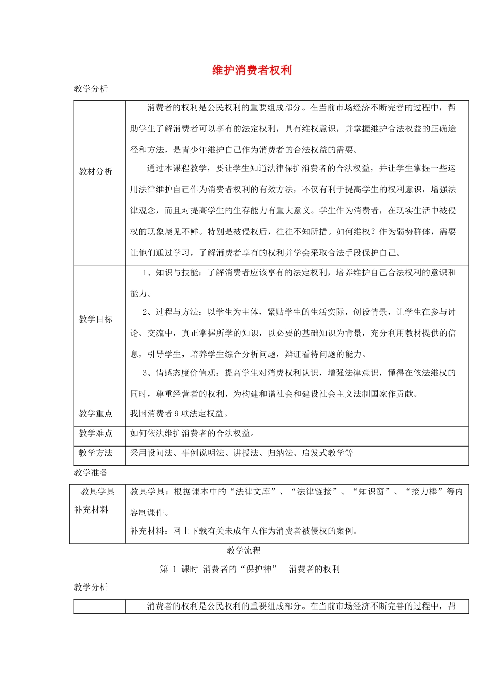 秋八年级道德与法治上册 第三单元 法律在我心中 第十课 维护消费者权利（消费者的“保护神”消费者的权利）教学设计 人民版教材-人民版教材初中八年级上册政治教学设计_第1页