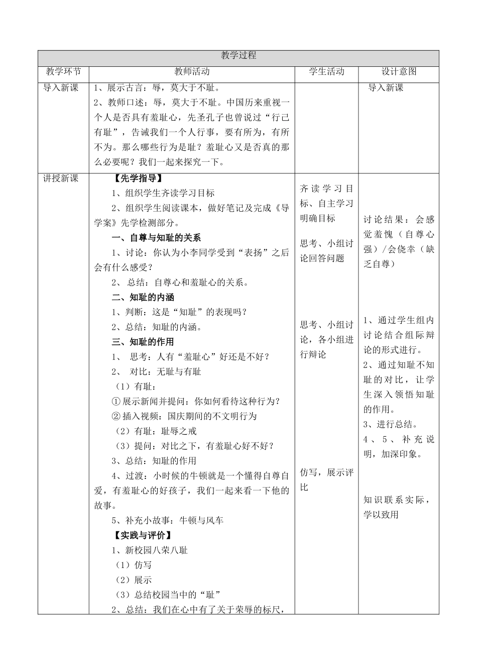 秋八年级道德与法治上册 第一单元 做人之本 1.1 自尊自爱 第二框 知耻才能自尊自爱教学设计 粤教版教材-粤教版教材初中八年级上册政治教学设计_第2页