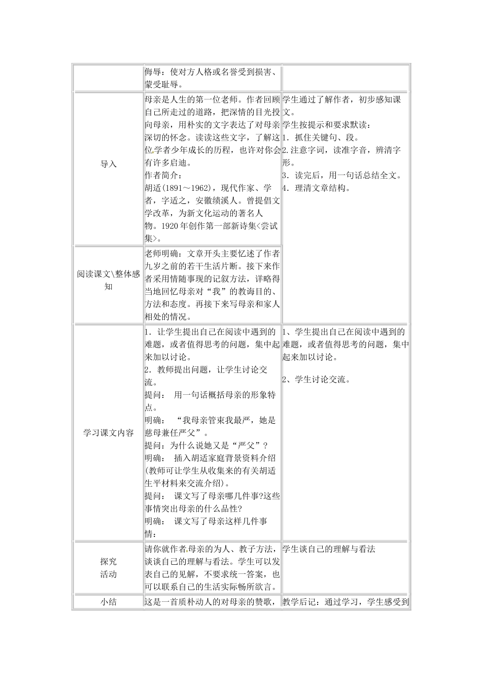 浙江省温州市龙湾区实验中学八年级语文下册 第一单元 我的母亲教学设计 新人教版教材_第2页