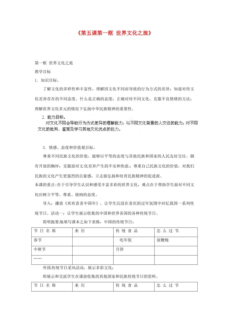 浙江省温岭市泽国镇第四中学八年级政治上册《第五课第一框 世界文化之旅》教学设计 新人教版教材_第1页