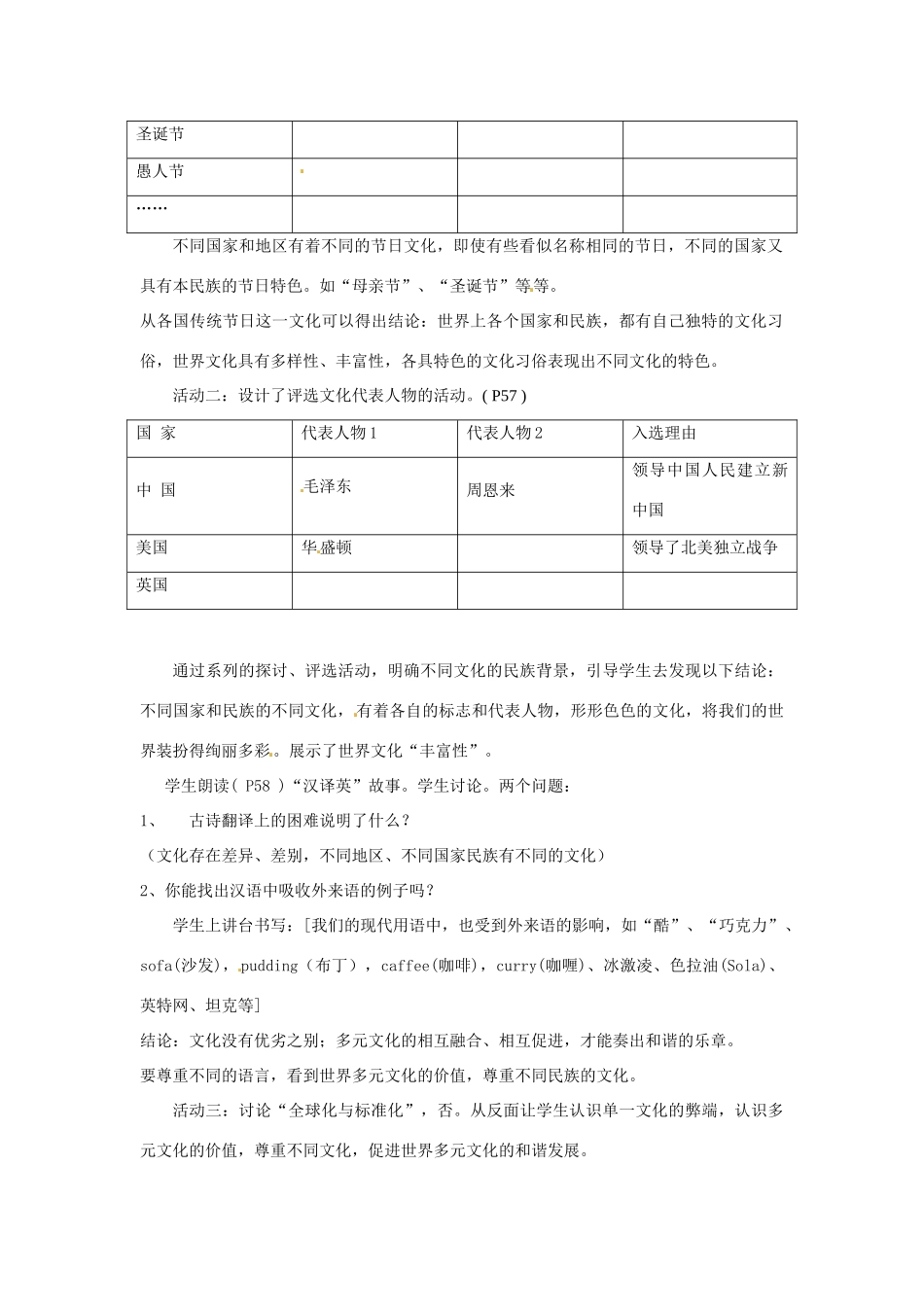 浙江省温岭市泽国镇第四中学八年级政治上册《第五课第一框 世界文化之旅》教学设计 新人教版教材_第2页
